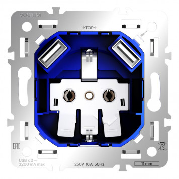 Механизм розетки с заземлением и защитными шторками 16А с USB A+A S70 VLS0404M-2